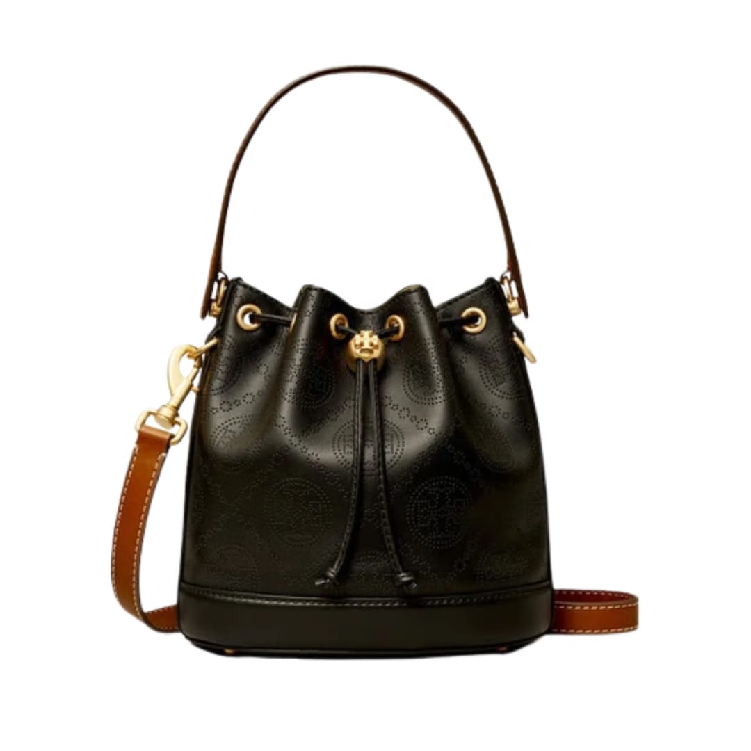 TORY BURCH T Monogram Perforated Leather Bucket Bag In Black