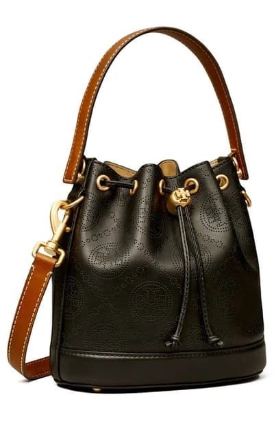 TORY BURCH T Monogram Perforated Leather Bucket Bag In Black