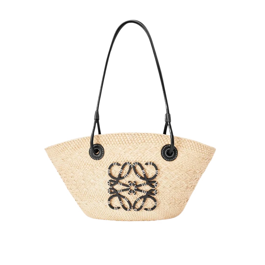 LOEWE Small Anagram Basket bag in iraca palm and calfskin natural black