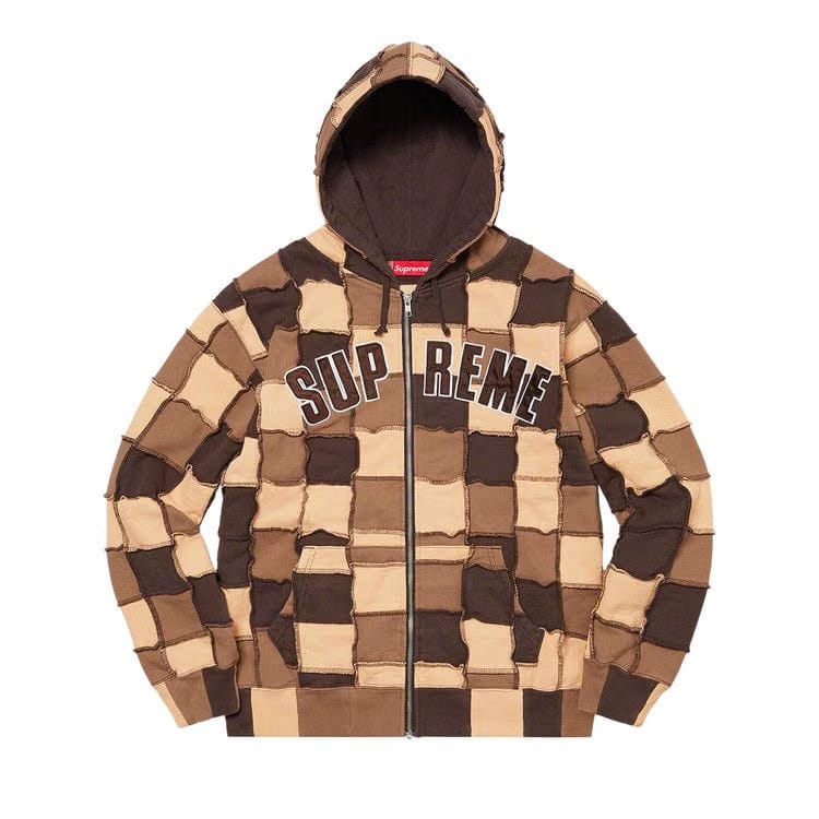Supreme Reverse Patchwork Zip Up Hoodie Brown