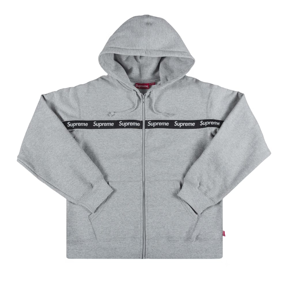 Supreme Text Stripe Zip Up Hoodie Grey