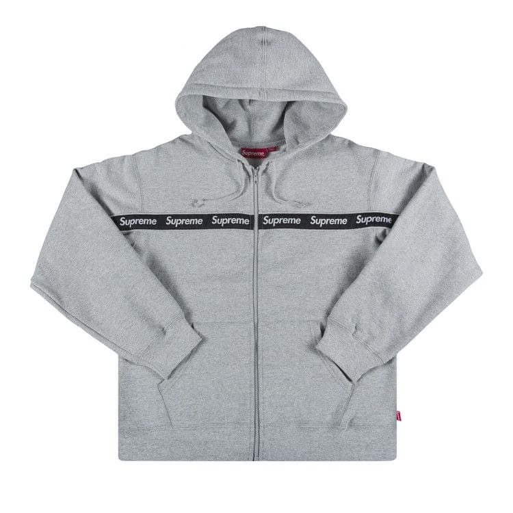 Supreme Text Stripe Zip Up Hoodie Grey