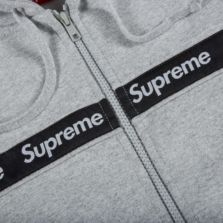 Supreme Text Stripe Zip Up Hoodie Grey