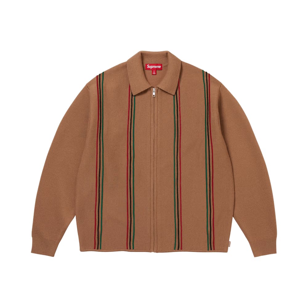 Supreme Stripe Zip Up Polo Sweater Tan
