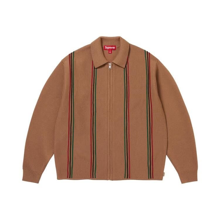 Supreme Stripe Zip Up Polo Sweater Tan
