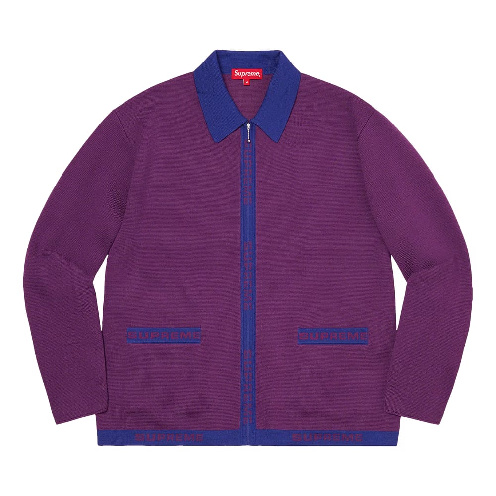 Supreme Logo Trim Zip Up Cardigan Purple