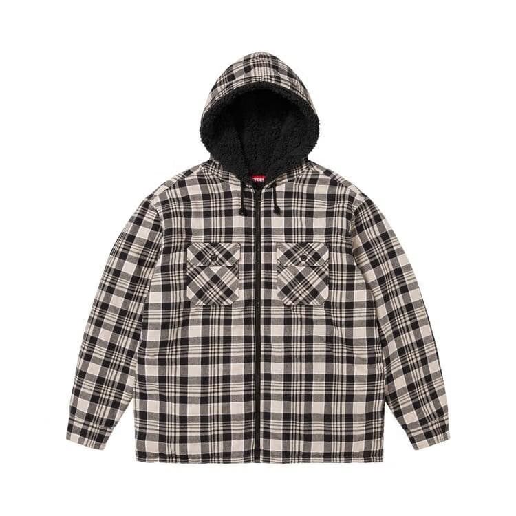 Supreme Lined Zip Up Hooded Flannel Shirt Light Tan
