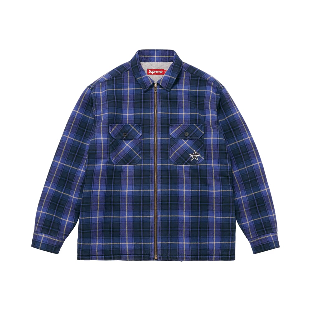 Supreme Thermal Lined Zip Up Flannel Shirt Blue