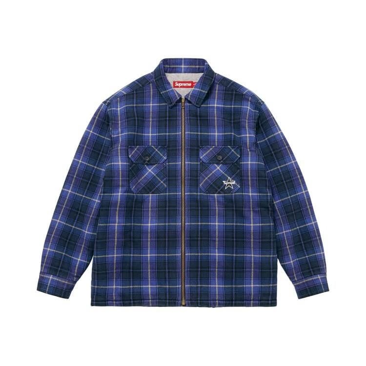 Supreme Thermal Lined Zip Up Flannel Shirt Blue