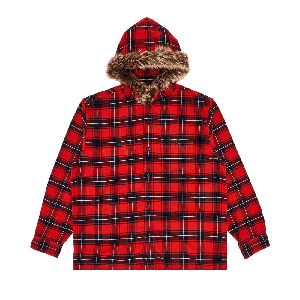 Supreme Fur Trim Flannel Hooded Shirt Red Plaid