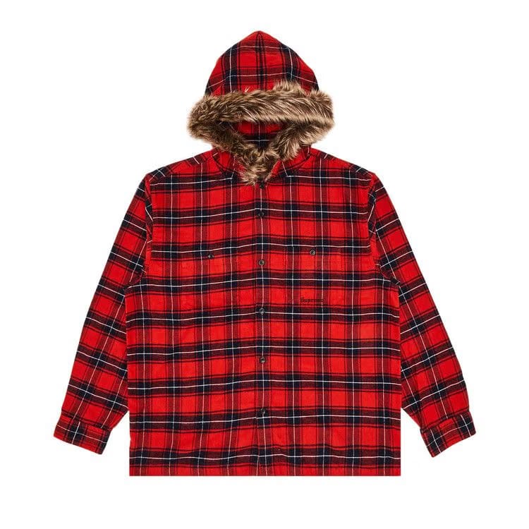 Supreme Fur Trim Flannel Hooded Shirt Red Plaid