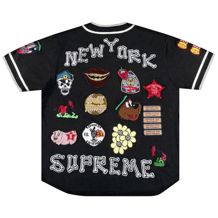 Supreme Patches Denim Baseball Jersey Black