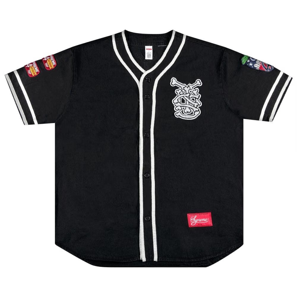 Supreme Patches Denim Baseball Jersey Black