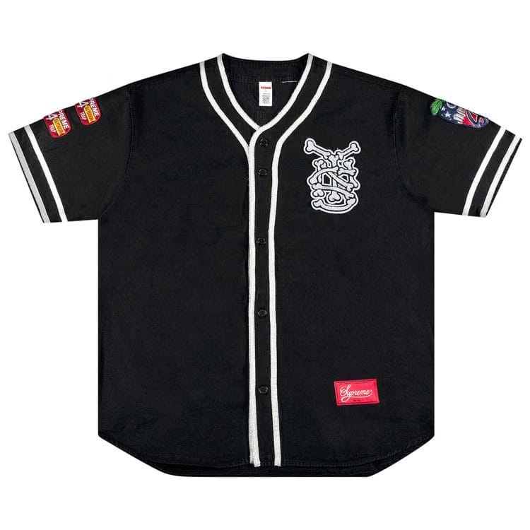 Supreme Patches Denim Baseball Jersey Black