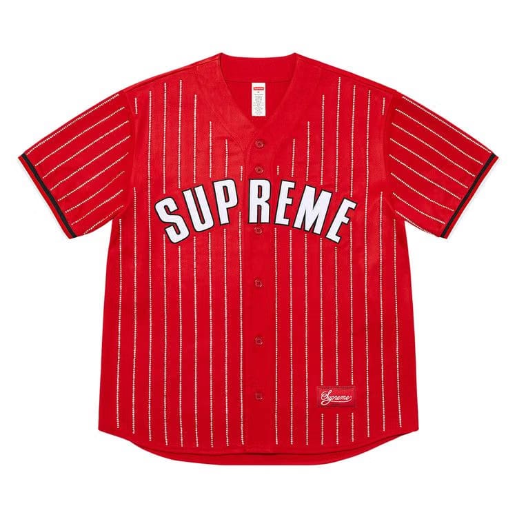 Supreme Rhinestone Stripe Baseball Jersey Red