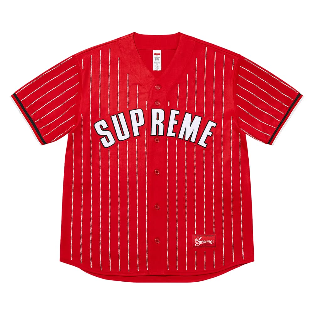 Supreme Rhinestone Stripe Baseball Jersey Red