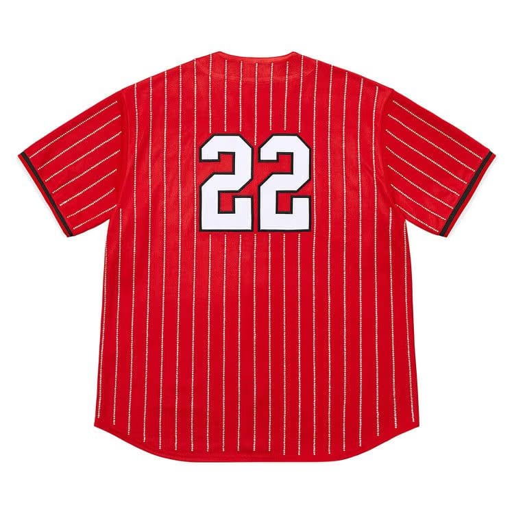 Supreme Rhinestone Stripe Baseball Jersey Red