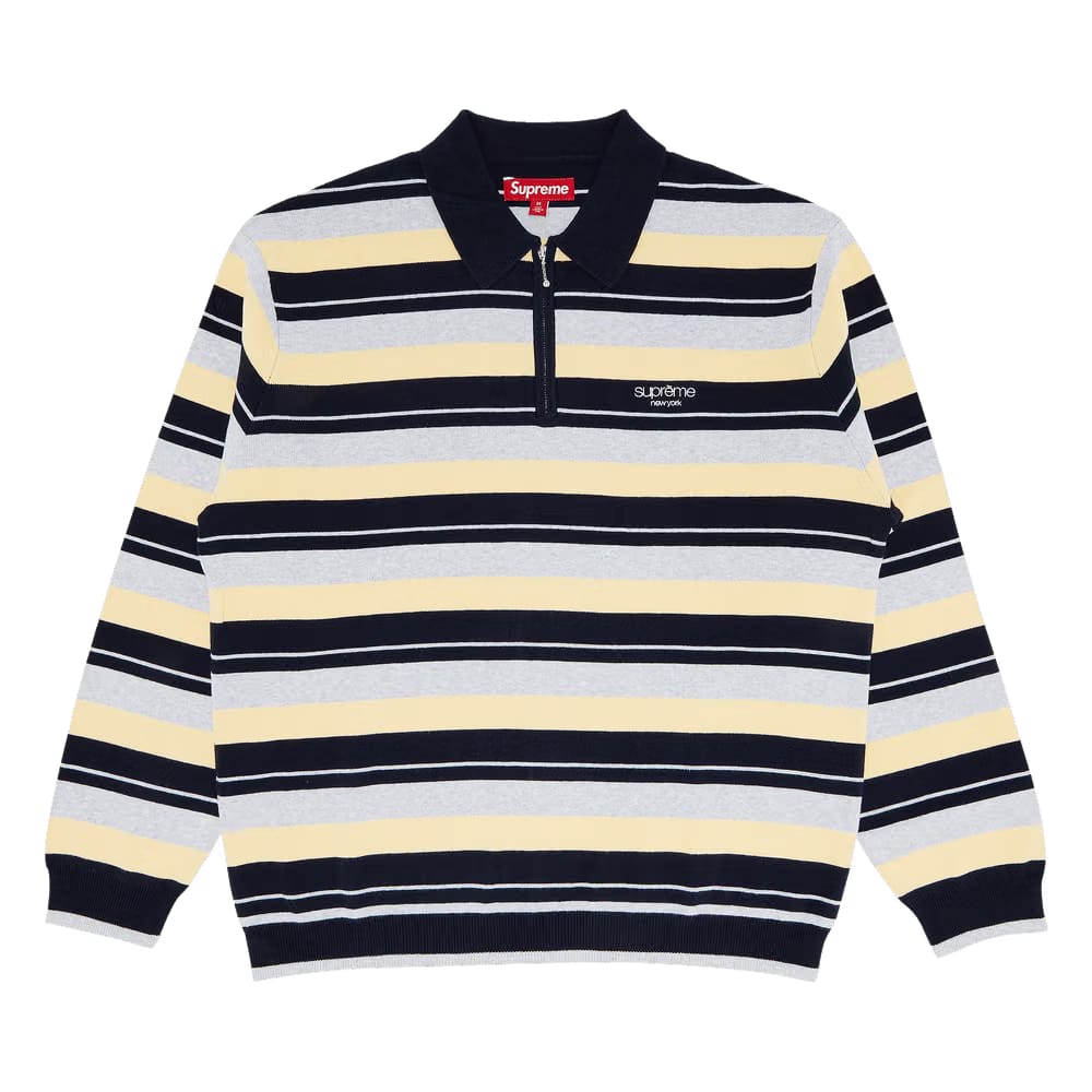 Supreme Stripe Zip Long-Sleeve Polo Navy
