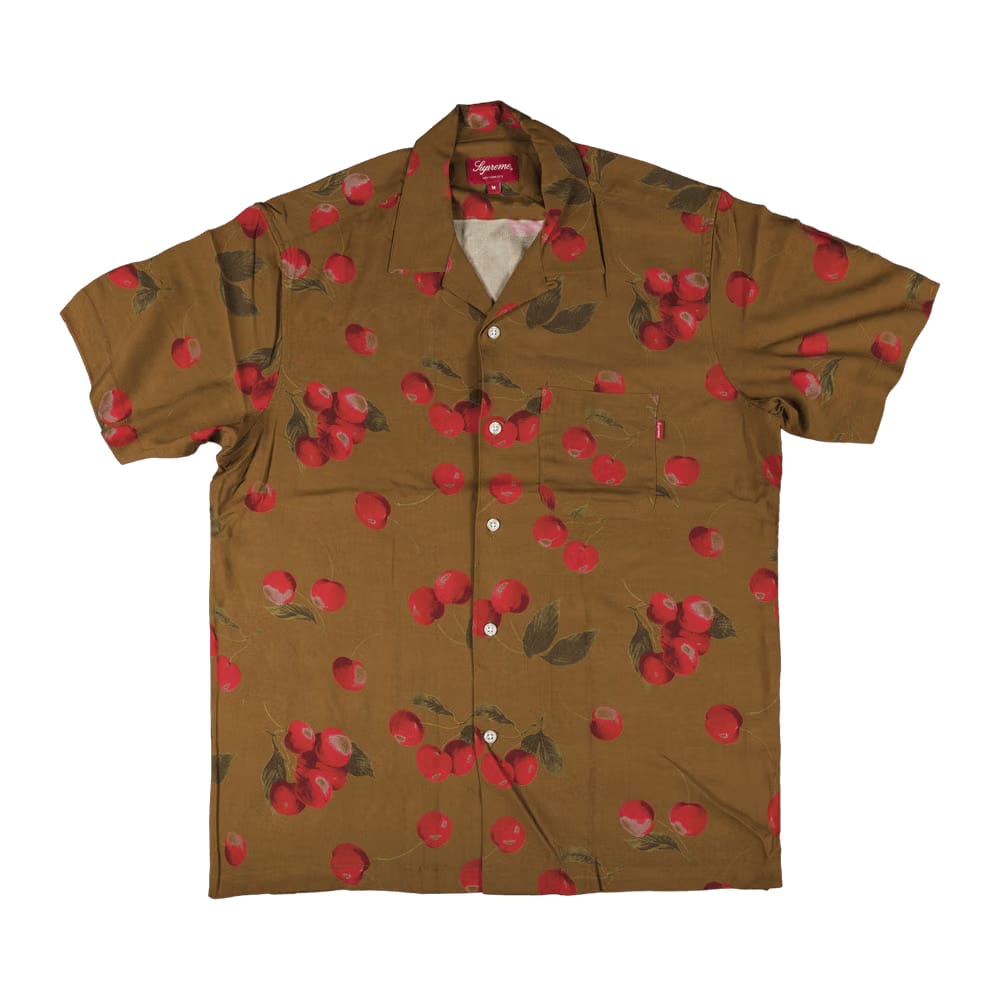 Supreme Cherry Rayon Shorts-Sleeve Shirt Brown