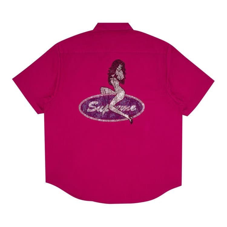 Supreme Rhinestone Pin Up Shorts-Sleeve Work Shirt Fuchsia