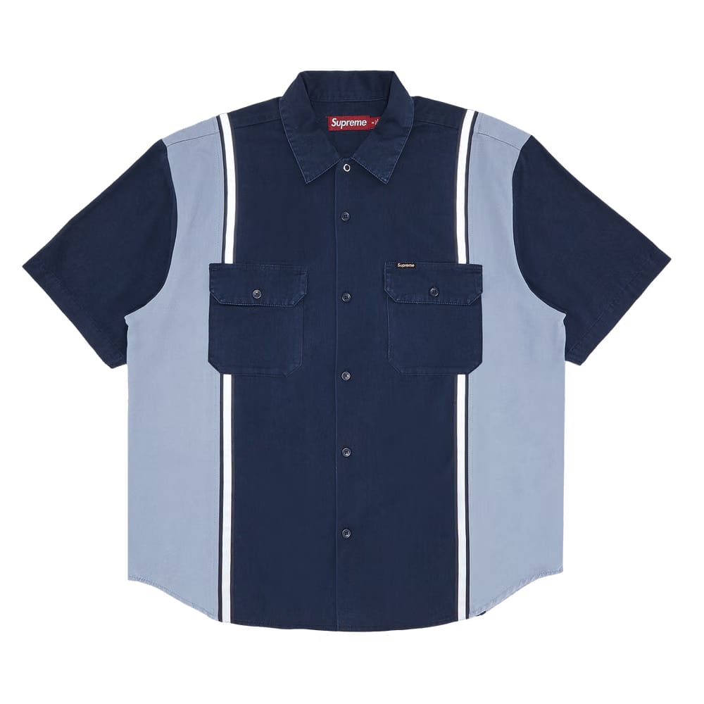 Supreme Reflective Stripe Shorts-Sleeve Work Shirt Navy