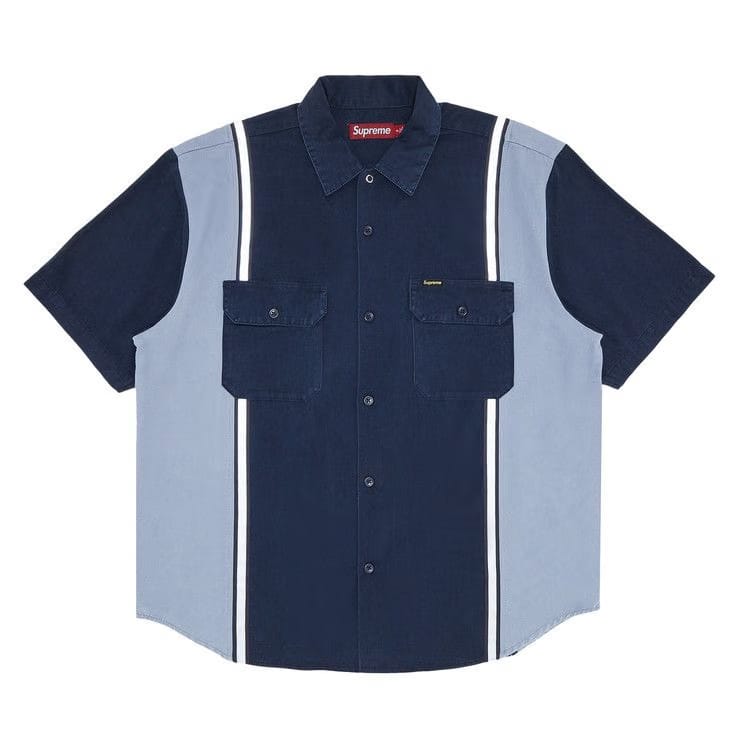 Supreme Reflective Stripe Shorts-Sleeve Work Shirt Navy