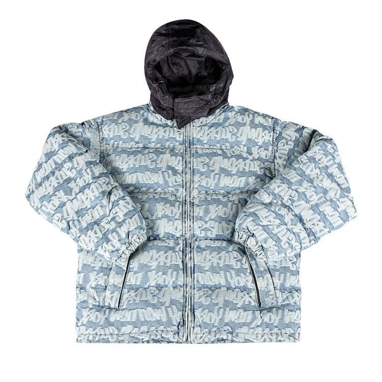 Supreme Fat Tip Jacquard Denim Puffer Jacket Blue