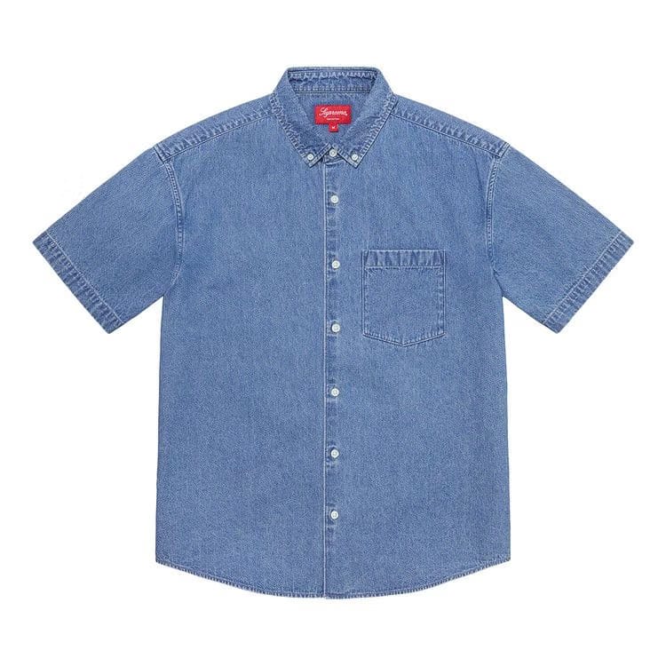 Supreme Embossed Denim Shorts-Sleeve Shirt Blue