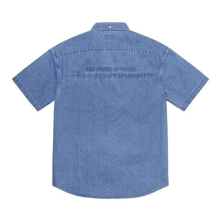 Supreme Embossed Denim Shorts-Sleeve Shirt Blue