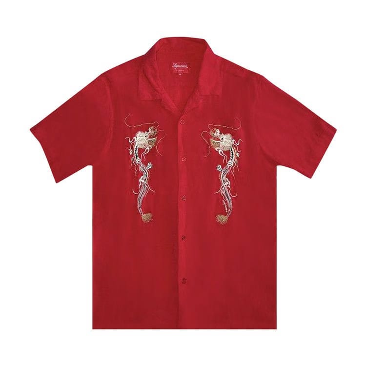 Supreme Dragon Embroidered Shorts-Sleeve Shirt Red
