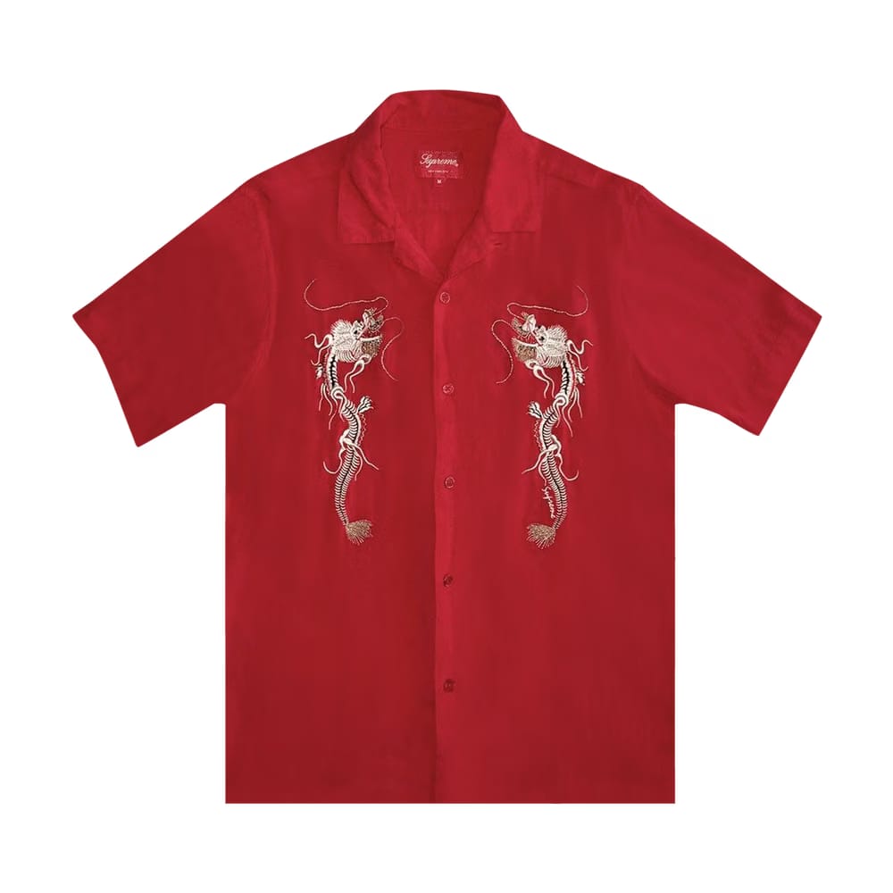 Supreme Dragon Embroidered Shorts-Sleeve Shirt Red