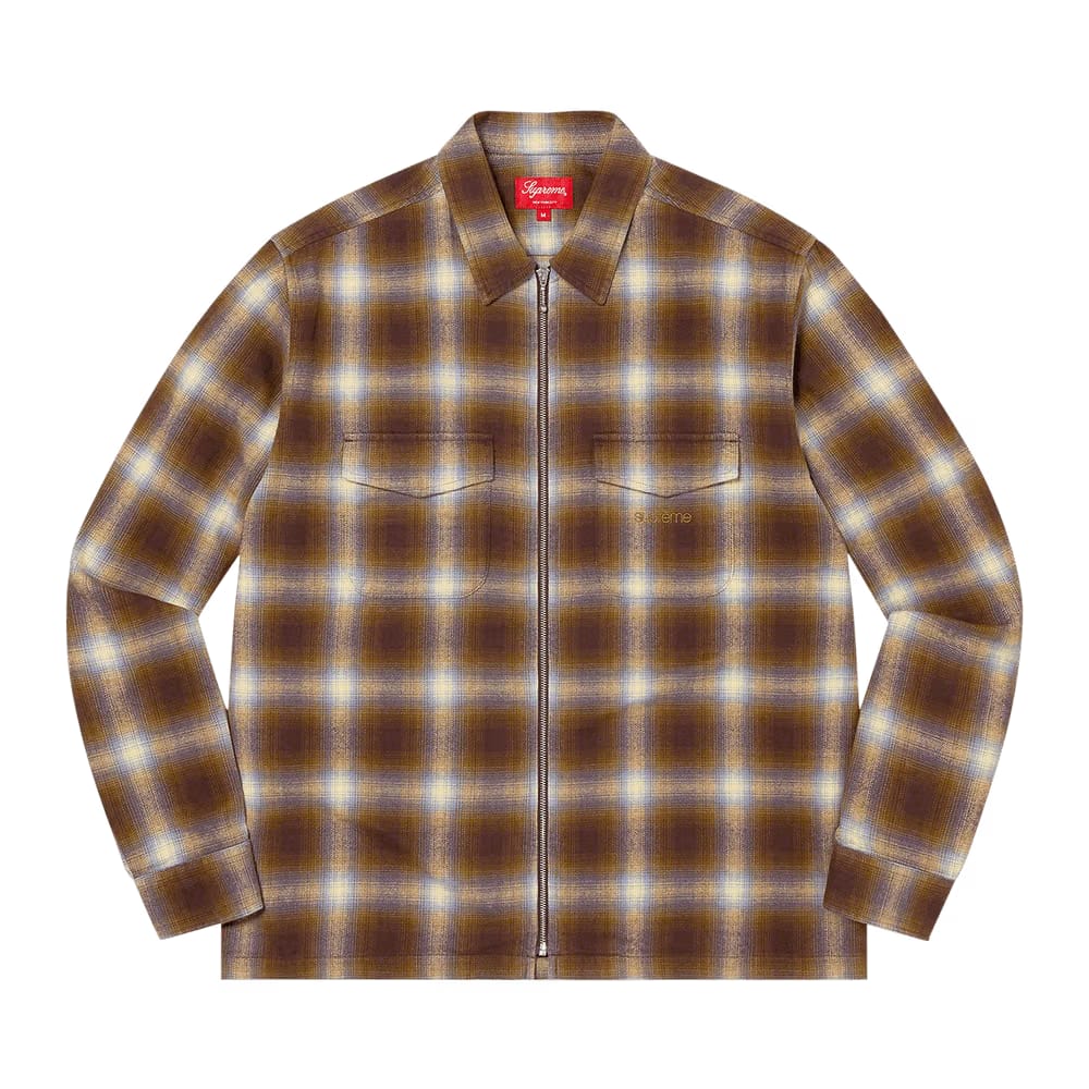 Supreme Shadow Plaid Flannel Zip Up Shirt Brown