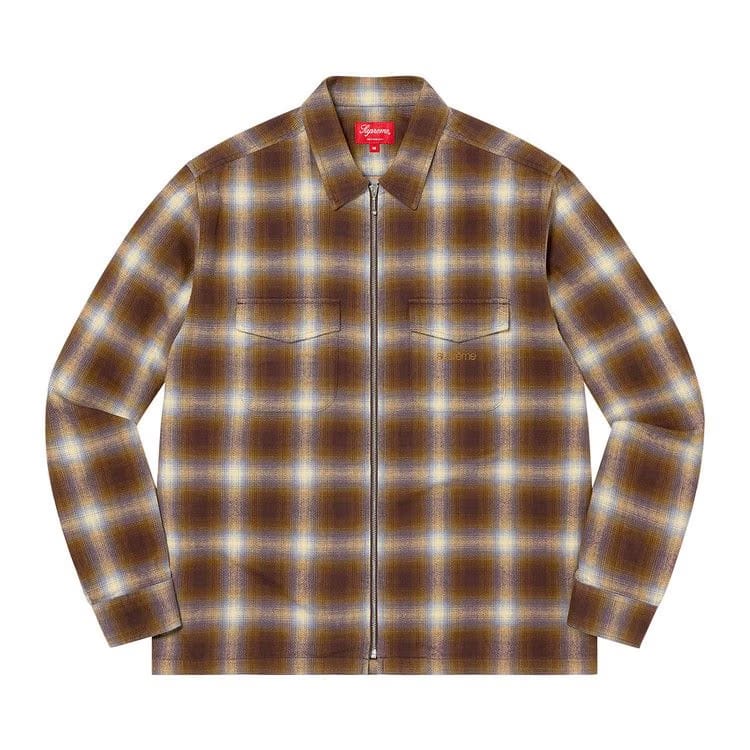 Supreme Shadow Plaid Flannel Zip Up Shirt Brown