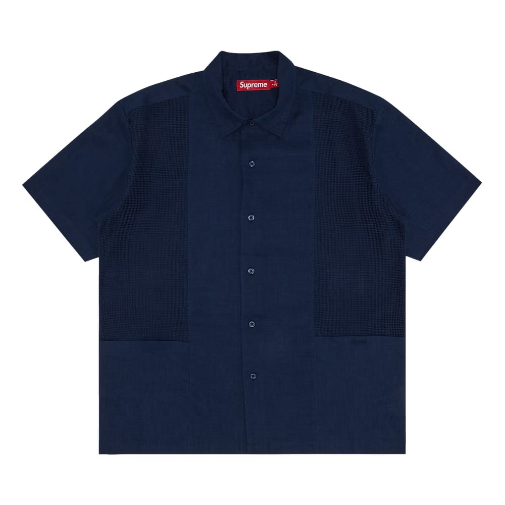 Supreme Mesh Panel Linen Shorts-Sleeve Shirt Navy