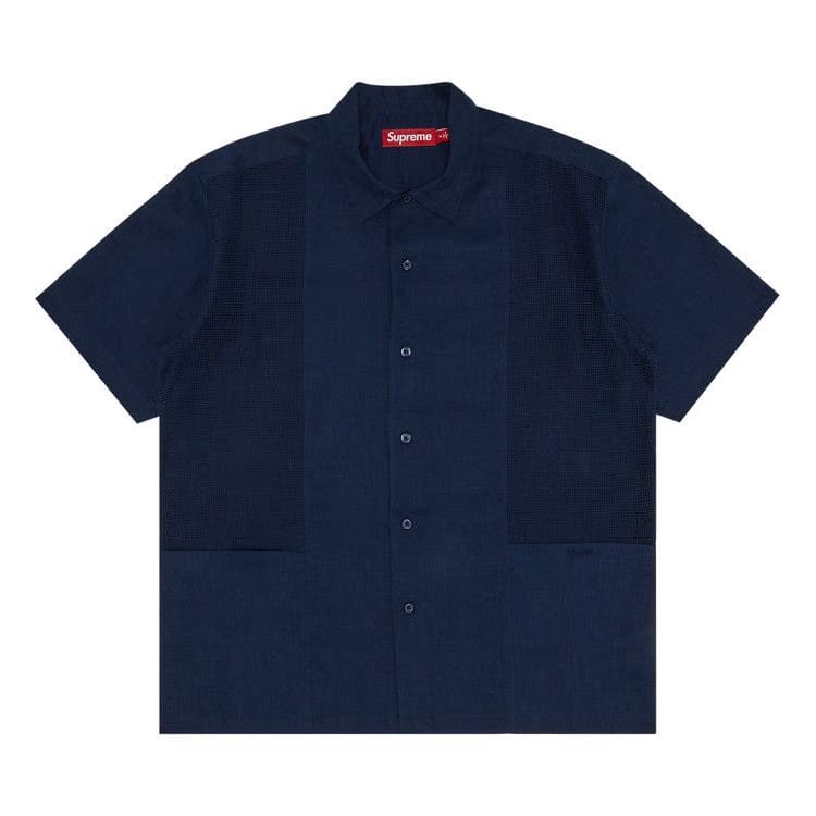 Supreme Mesh Panel Linen Shorts-Sleeve Shirt Navy