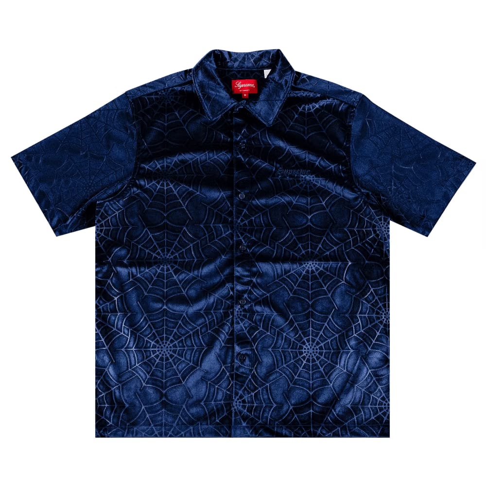 Supreme Spider Web Velvet Shorts-Sleeve Shirt Navy