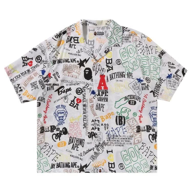 BAPE Hand Draw Open Collar Shorts-Sleeve Shirt White