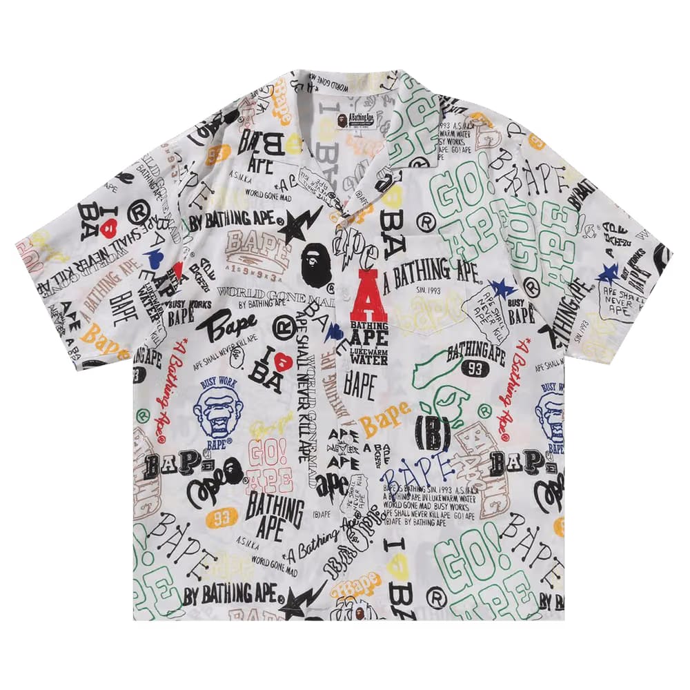 BAPE Hand Draw Open Collar Shorts-Sleeve Shirt White