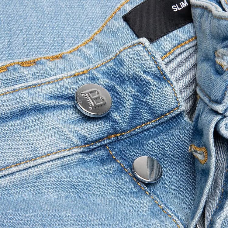 Balmain Ribbed Slim Multi-Cuts Jeans Bleu Jean Clair