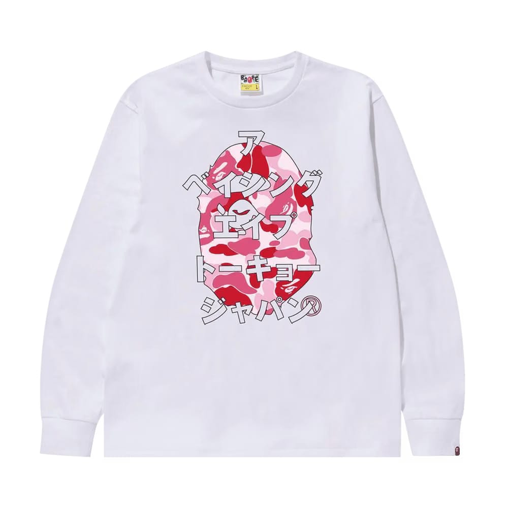 BAPE ABC Camo Japanese Letters Long-Sleeve T-Shirt White/Pink