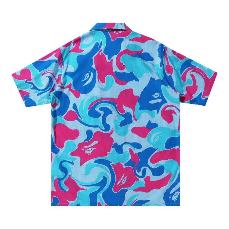 BAPE Marble Camo Open Collar Shorts-Sleeve Shirt Blue