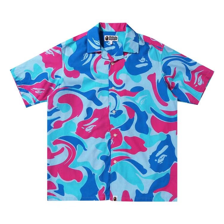BAPE Marble Camo Open Collar Shorts-Sleeve Shirt Blue