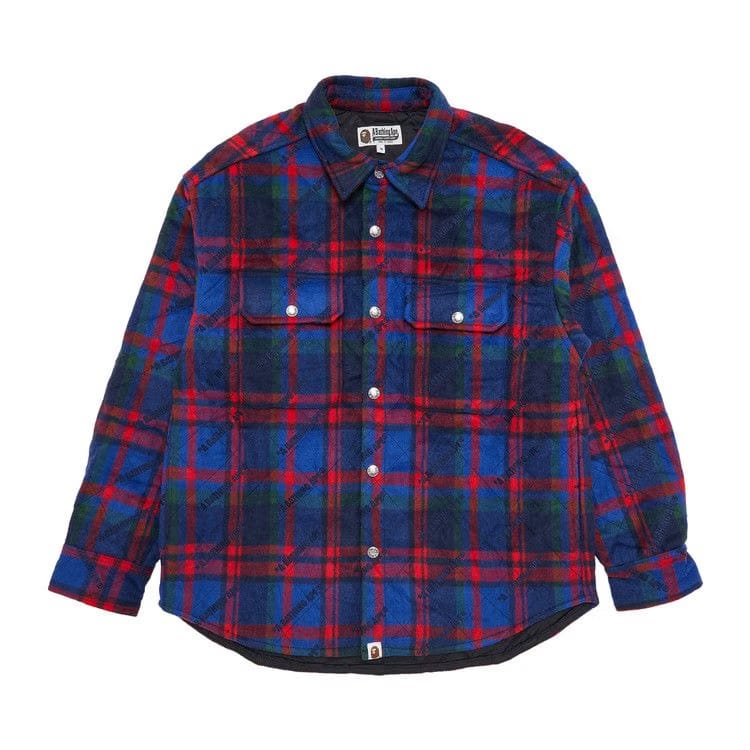 BAPE Logo Check Pattern Padded Flannel Shirt Jacket Navy