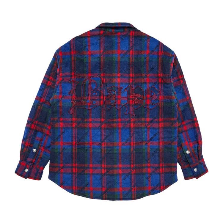 BAPE Logo Check Pattern Padded Flannel Shirt Jacket Navy