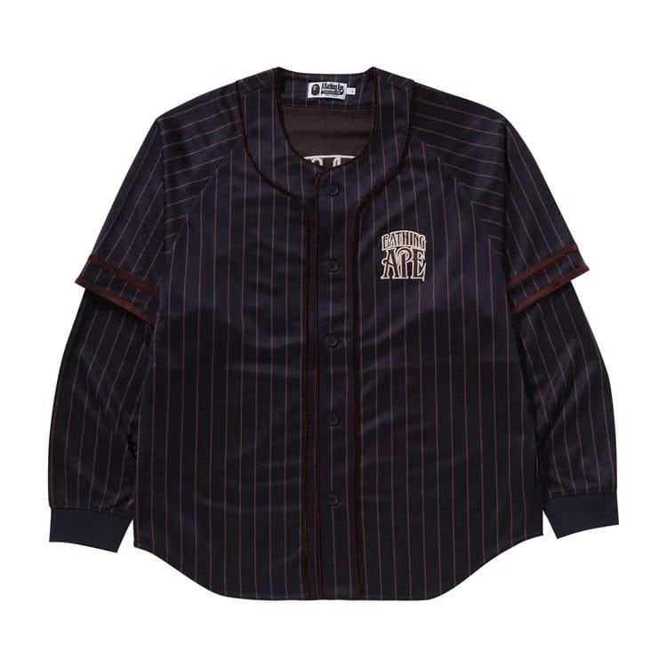 BAPE Stripe Layered Sleeves Long-Sleeve Baseball Shirt Navy