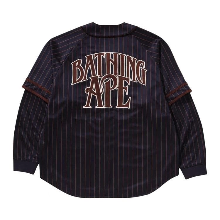 BAPE Stripe Layered Sleeves Long-Sleeve Baseball Shirt Navy