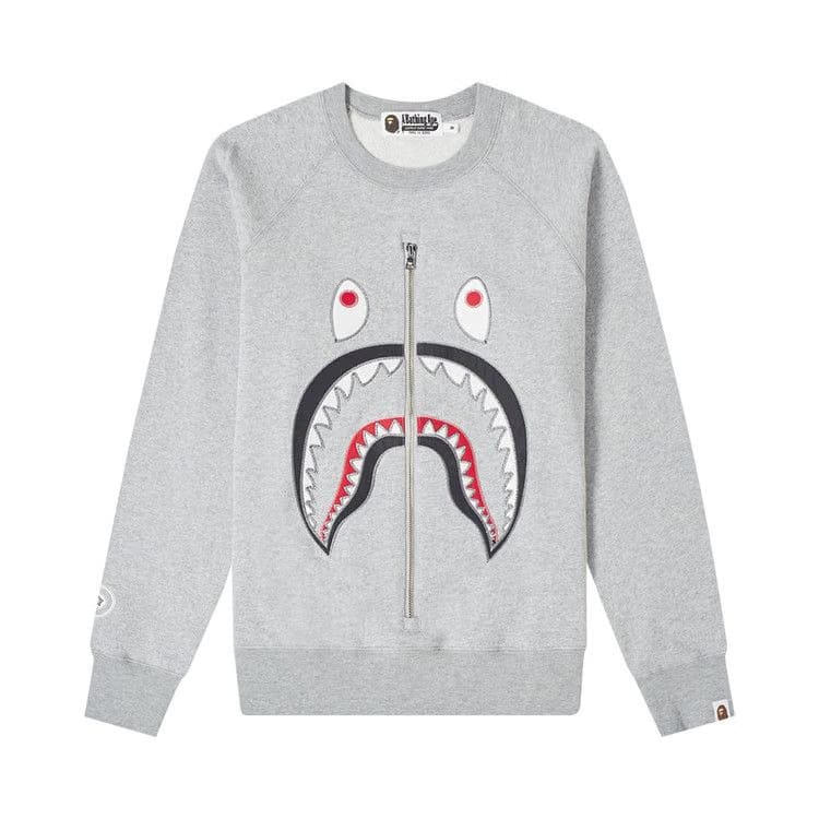 BAPE Shark Applique Metal Zip Crewneck Grey