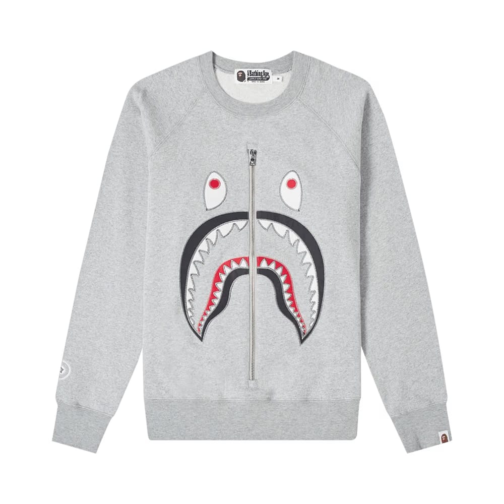 BAPE Shark Applique Metal Zip Crewneck Grey