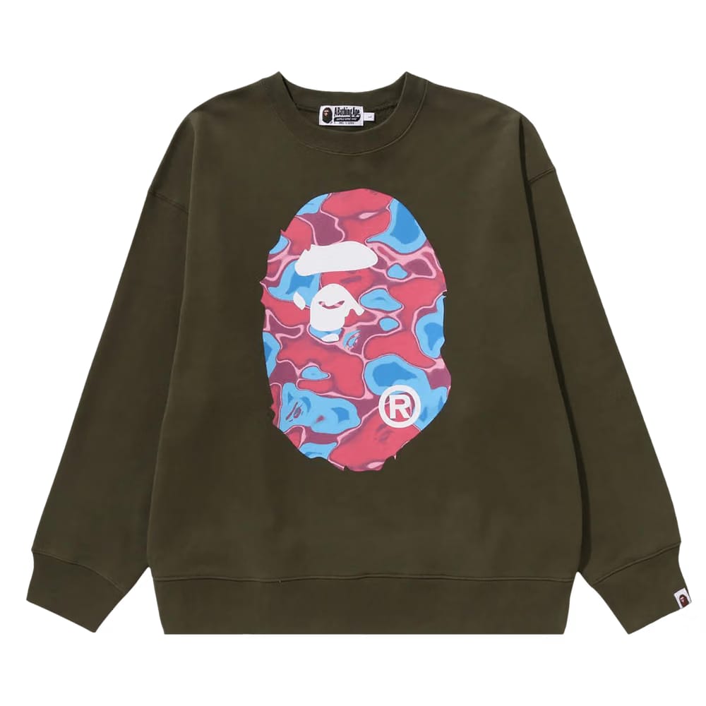 BAPE Liquid Camo Ape Head Relaxed Fit Crewneck Sweat Olive Drab