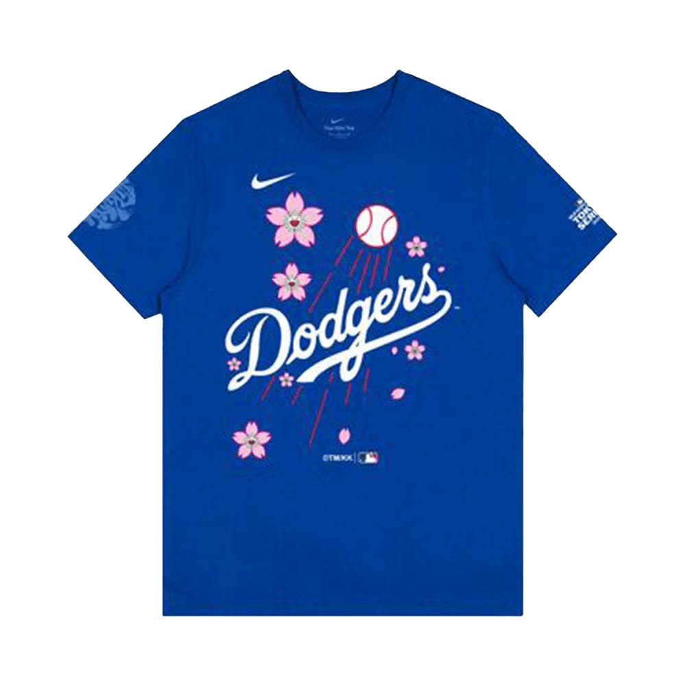 Nike x Takashi Murakami x MLB World Tour Tokyo Series 2025 Dodgers Script Shorts-Sleeve T-Shirt Blue